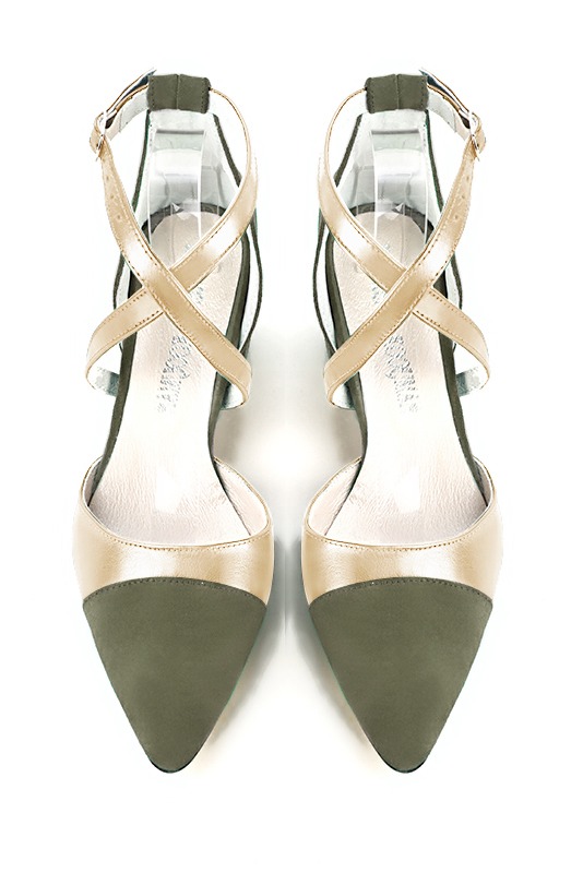 Khaki green and gold women's open side shoes, with crossed straps. Tapered toe. Medium flare heels. Top view - Florence KOOIJMAN